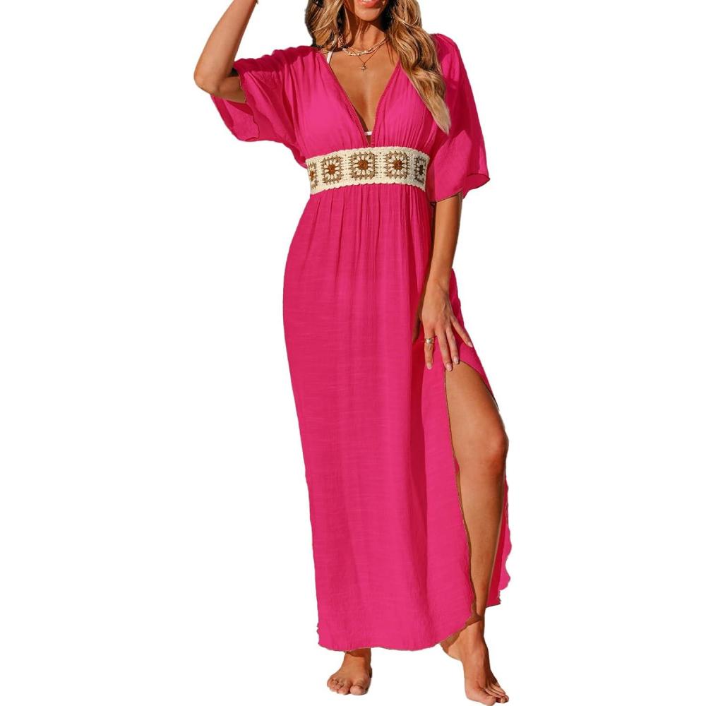 imageCUPSHE Women Swimsuit Coverup Deep V Neck Half Sleeve Maxi Coverup DressHot Pink