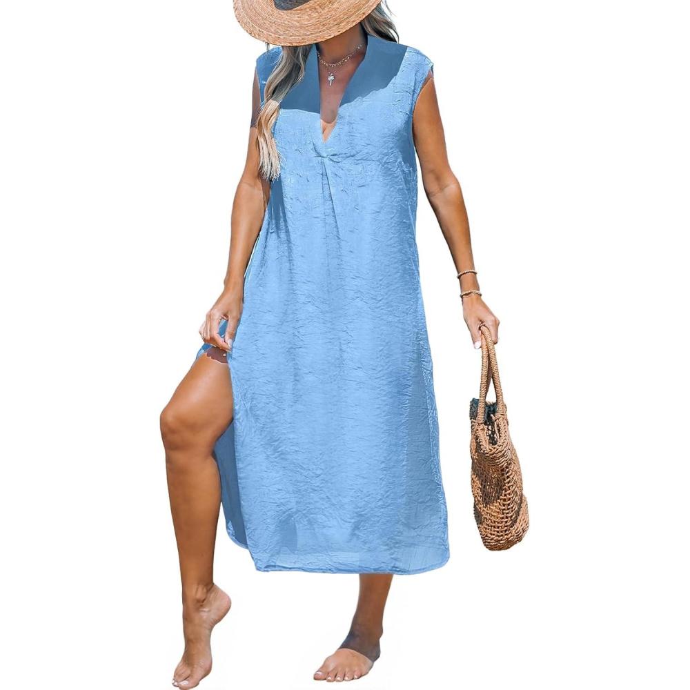 imageCUPSHE Womens Swimsuit Coverup Casual Sleeveless Side Split Long Cardigans V Neck Midi Beach DressBlue