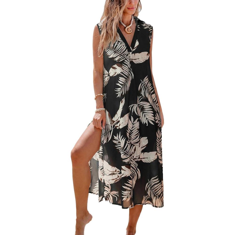 imageCUPSHE Womens Swimsuit Coverup Casual Sleeveless Side Split Long Cardigans V Neck Midi Beach DressBrown Leaf