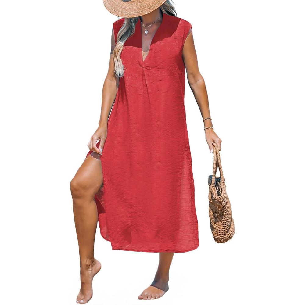imageCUPSHE Womens Swimsuit Coverup Casual Sleeveless Side Split Long Cardigans V Neck Midi Beach DressRed