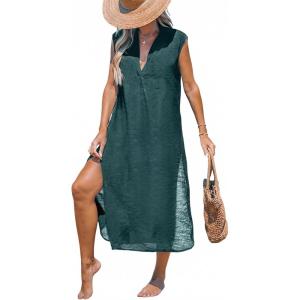 CUPSHE Women’s Swimsuit Coverup Casual Sleeveless Side Split Long Cardigans V Neck Midi Beach Dress(Charcoal Blue)
