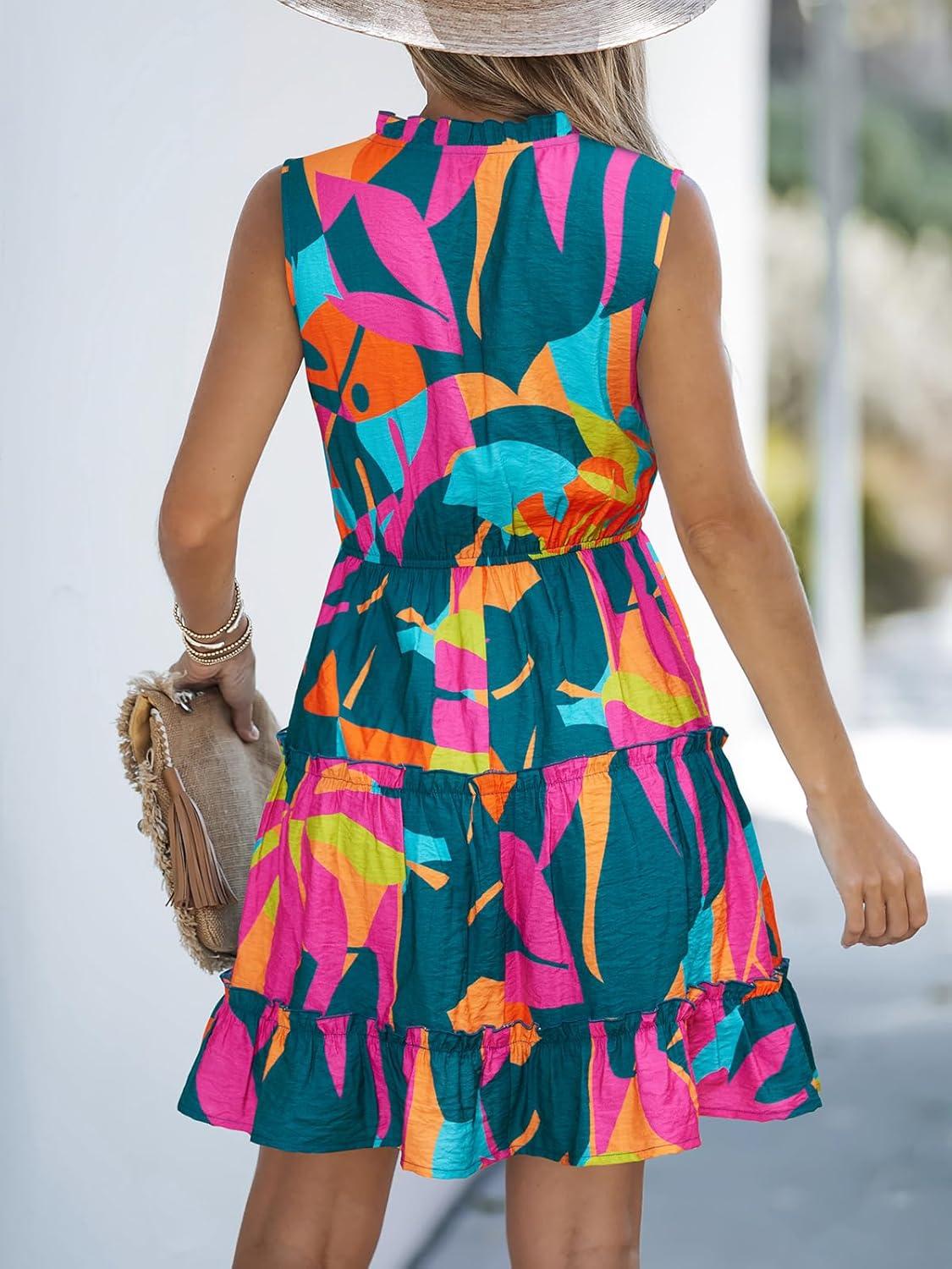 imageCUPSHE Womens Summer Dresses Tie Neck Sleeveless Tiered Ruffle ALine Tunic Mini DressGreen Pink