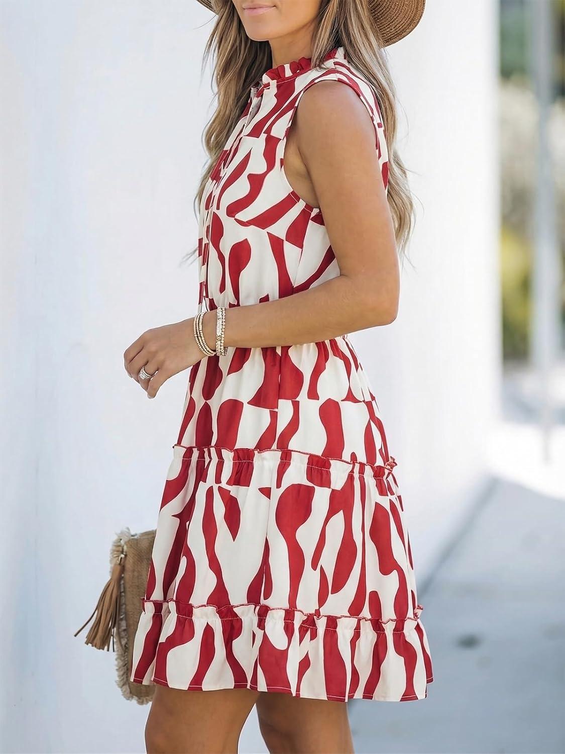 imageCUPSHE Womens Summer Dresses Tie Neck Sleeveless Tiered Ruffle ALine Tunic Mini DressRed Beige