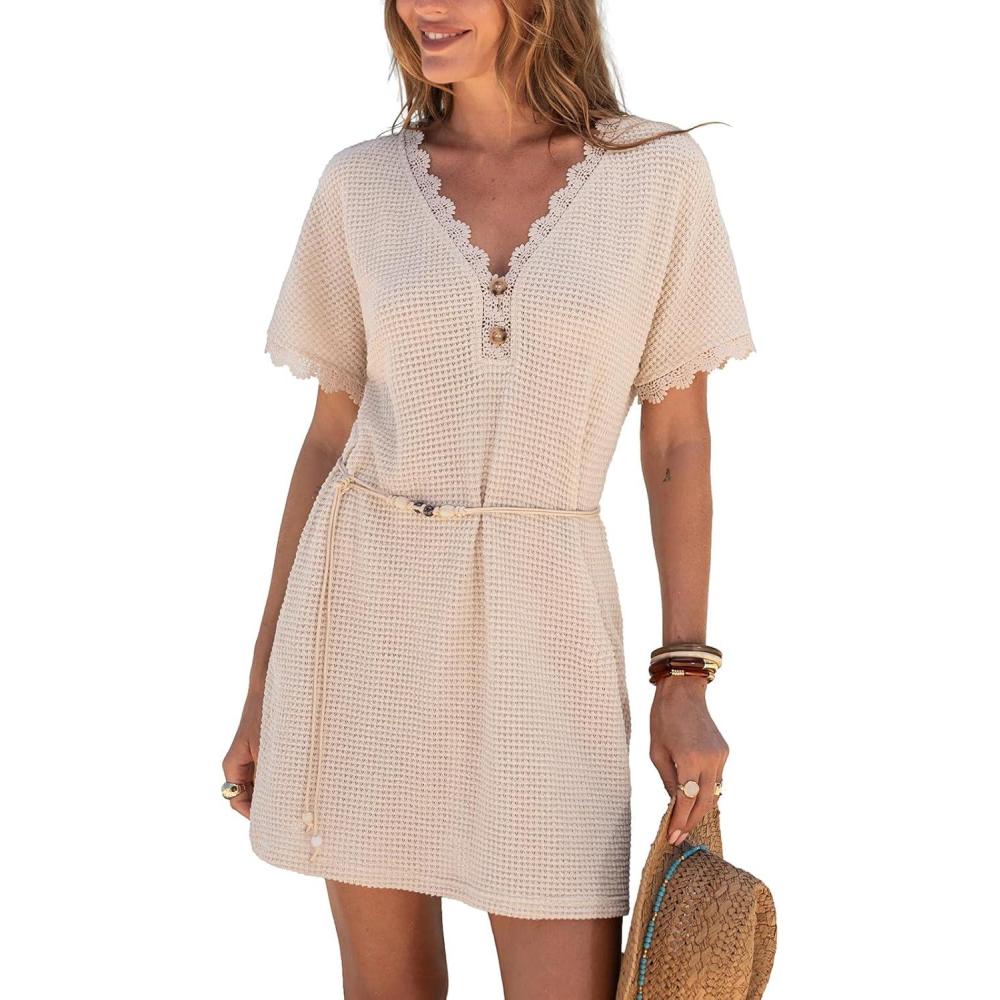 imageCUPSHE Swimsuit Coverup for Women Waffle Knit V Neck Short Sleeve Bathing Suit Coverup DressNeutral