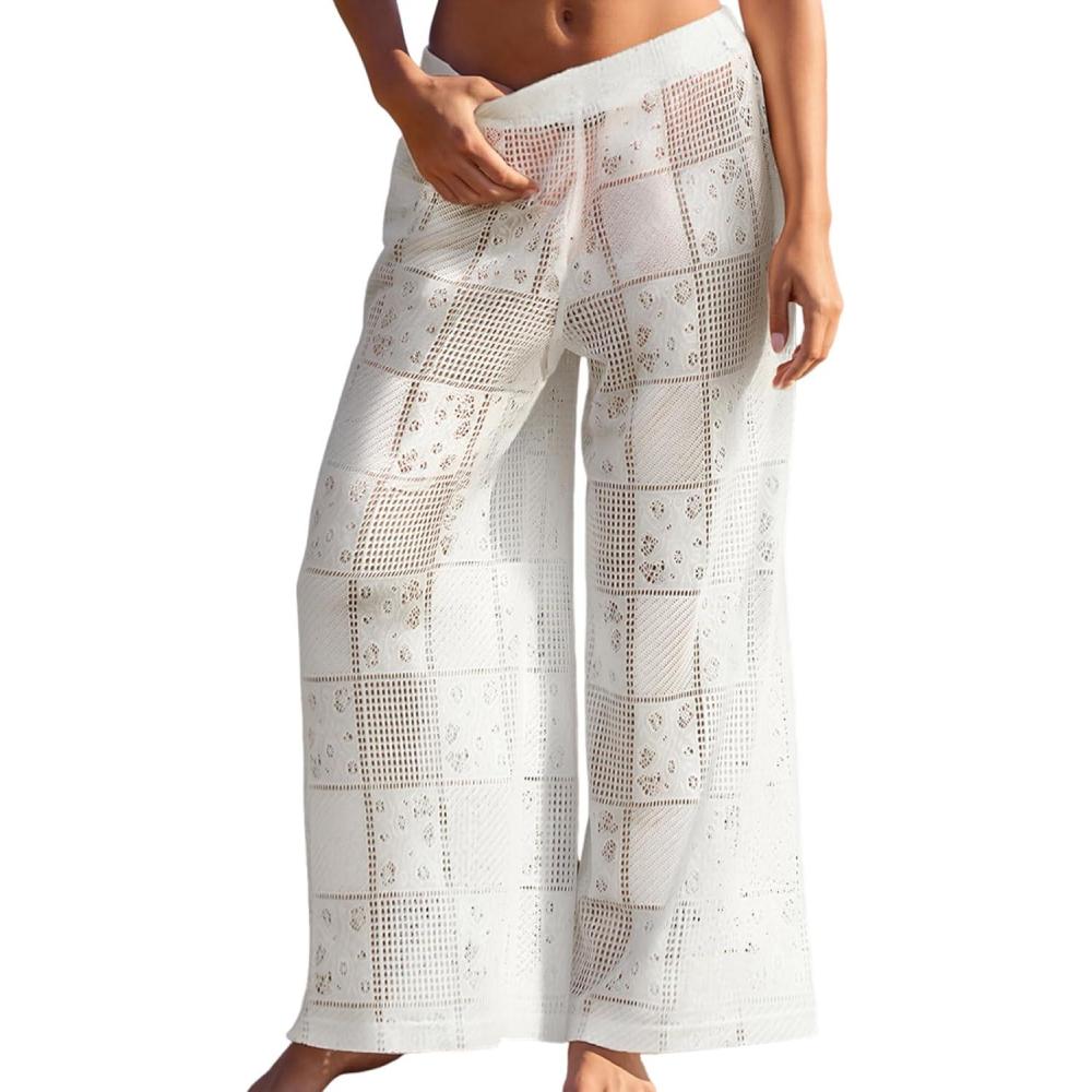 imageCUPSHE Womens Swimsuit Cover Up Pants Lightweight Hollow Out Elastic Waist Casual Beach Coverup PantsWhite