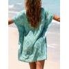 CUPSHE Swimsuit Coverup for Women V Neck Geometric Elastic Waist Short Sleeve Beach Cover Ups Sundress(Green Patterned)