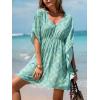CUPSHE Swimsuit Coverup for Women V Neck Geometric Elastic Waist Short Sleeve Beach Cover Ups Sundress(Green Patterned)