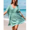 CUPSHE Swimsuit Coverup for Women V Neck Geometric Elastic Waist Short Sleeve Beach Cover Ups Sundress(Green Patterned)