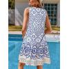 CUPSHE Women’s Lace Bathing Suit Cover Up Sleeveless V-Neck Swimsuit Coverup Ruffle Swimwear Beach Dress(Blue Circle Patterned)