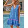 CUPSHE Women’s Lace Bathing Suit Cover Up Sleeveless V-Neck Swimsuit Coverup Ruffle Swimwear Beach Dress(Blue Patterned)