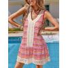 CUPSHE Women’s Lace Bathing Suit Cover Up Sleeveless V-Neck Swimsuit Coverup Ruffle Swimwear Beach Dress(Knit-pink Patterned)