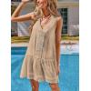 CUPSHE Women’s Lace Bathing Suit Cover Up Sleeveless V-Neck Swimsuit Coverup Ruffle Swimwear Beach Dress(Light Brown)