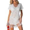CUPSHE Swimsuit Coverup for Women Short Sleeve V Neck Cotton Beach Bathing Suit Cover Up Dress(White)