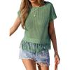 CUPSHE Women Crochet Tops Summer Short Sleeve Fringe Beach Cover Up Top Casual Knit Tank Tops(Green)