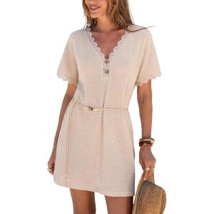 CUPSHE Swimsuit Coverup for Women Waffle Knit V Neck Short Sleeve Bathing Suit Coverup Dress(Neutral)
