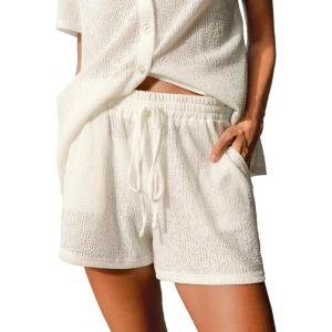 CUPSHE Women Swimsuit Cover Ups Shorts Semi Sheer Summer Casual Shorts High Waist Beach Shorts with Pockets(Beige)