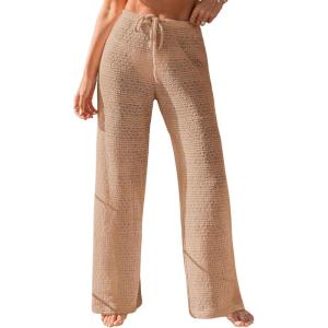 CUPSHE Women’s Crochet Swimsuit Cover Up Pants Drawstring Waist Casual Coverup Beach Pants(Khaki)