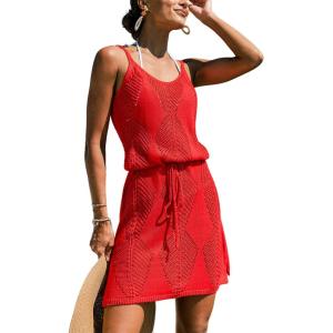 CUPSHE Women’s Swimsuit Cover Up Crochet Sleeveless V Back Mini Beach Cover Up Dress for Swimwear(Red)