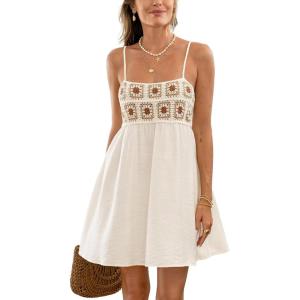 CUPSHE Womens Swimsuit Coverup Smocked Spaghetti Straps Square Neck Mini Beach Cover Up Dresses(Beige)