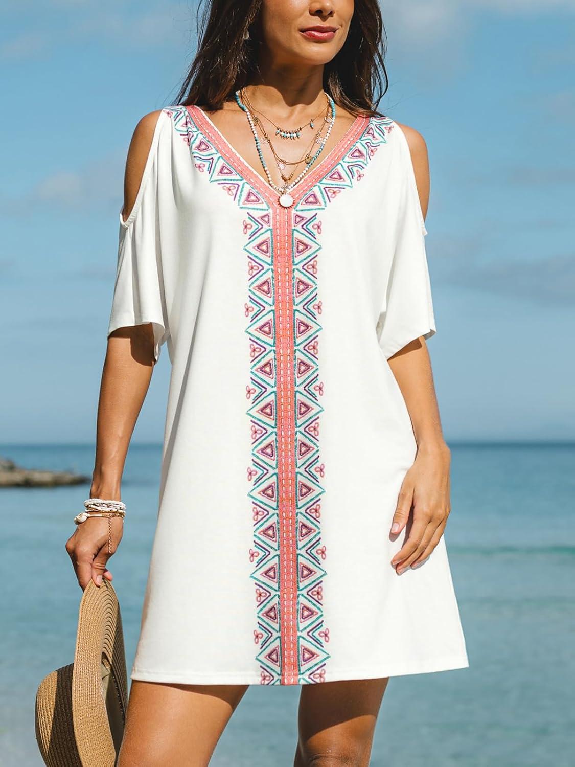 imageCUPSHE Women Casual Beach Summer Dress V Neck Swimsuit Cover Up Short Sleeve Mini Sundress CoverupsWhite