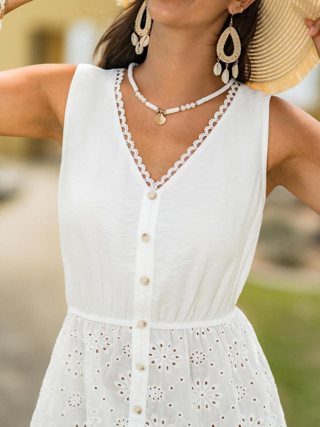 imageCUPSHE Womens Beach Cover Up Dress V Neck Sleeveless Summer Swimsuit Coverup Mini DressWhite