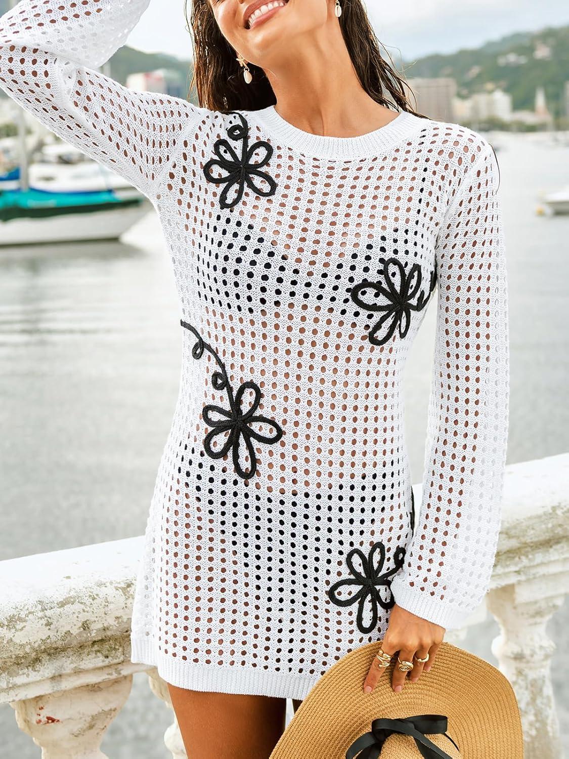 imageCUPSHE Womens Crochet Beach Cover Up Long Sleeve 3D Floral Mini Swimsuit Coverup Dress for SwimwearWhite