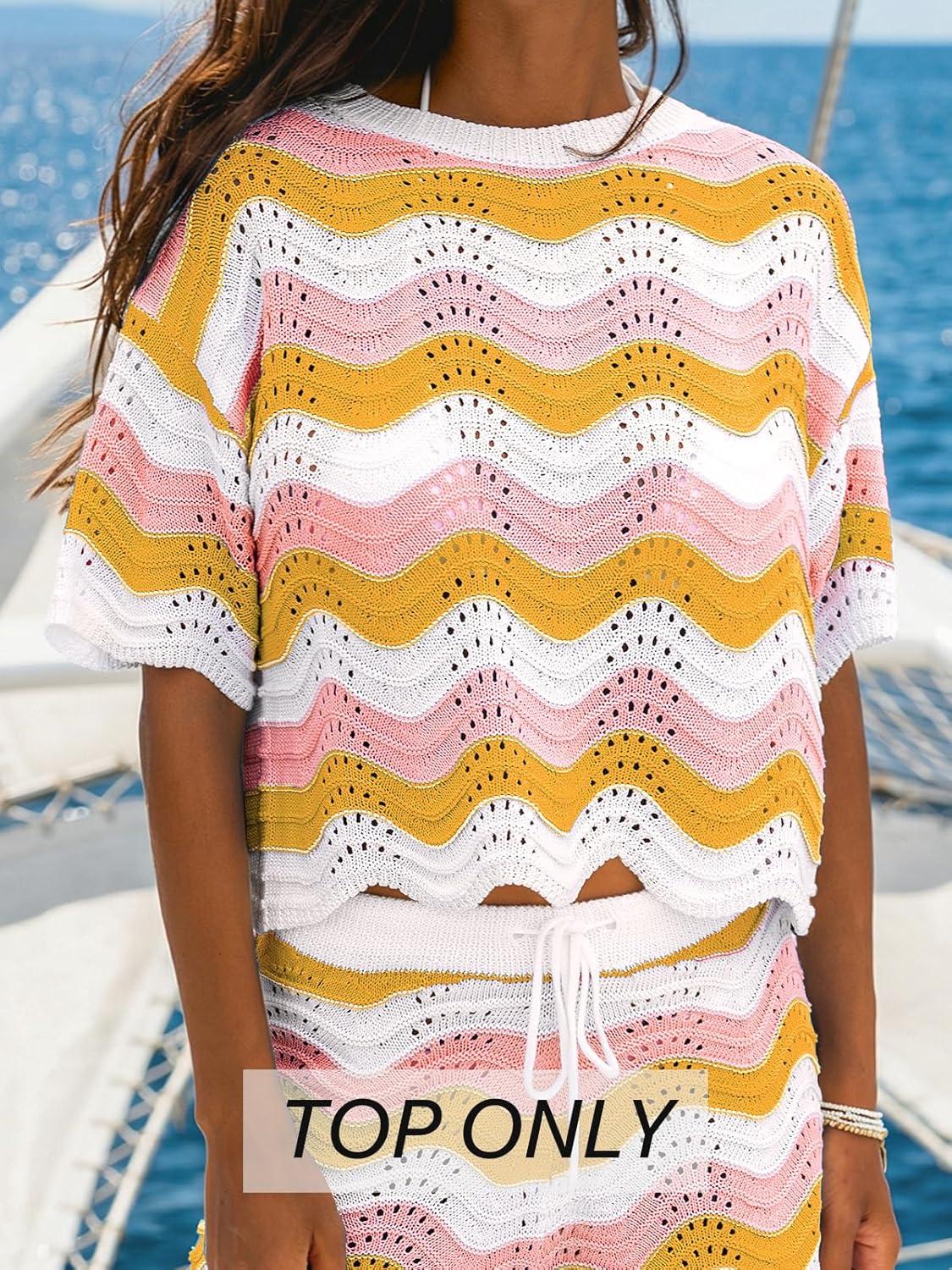imageCUPSHE Womens Crochet Cover Up Top Striped Short Sleeve Beach Cover Up Top Summer Casual Tops for SwimwearPinkyellow Striped