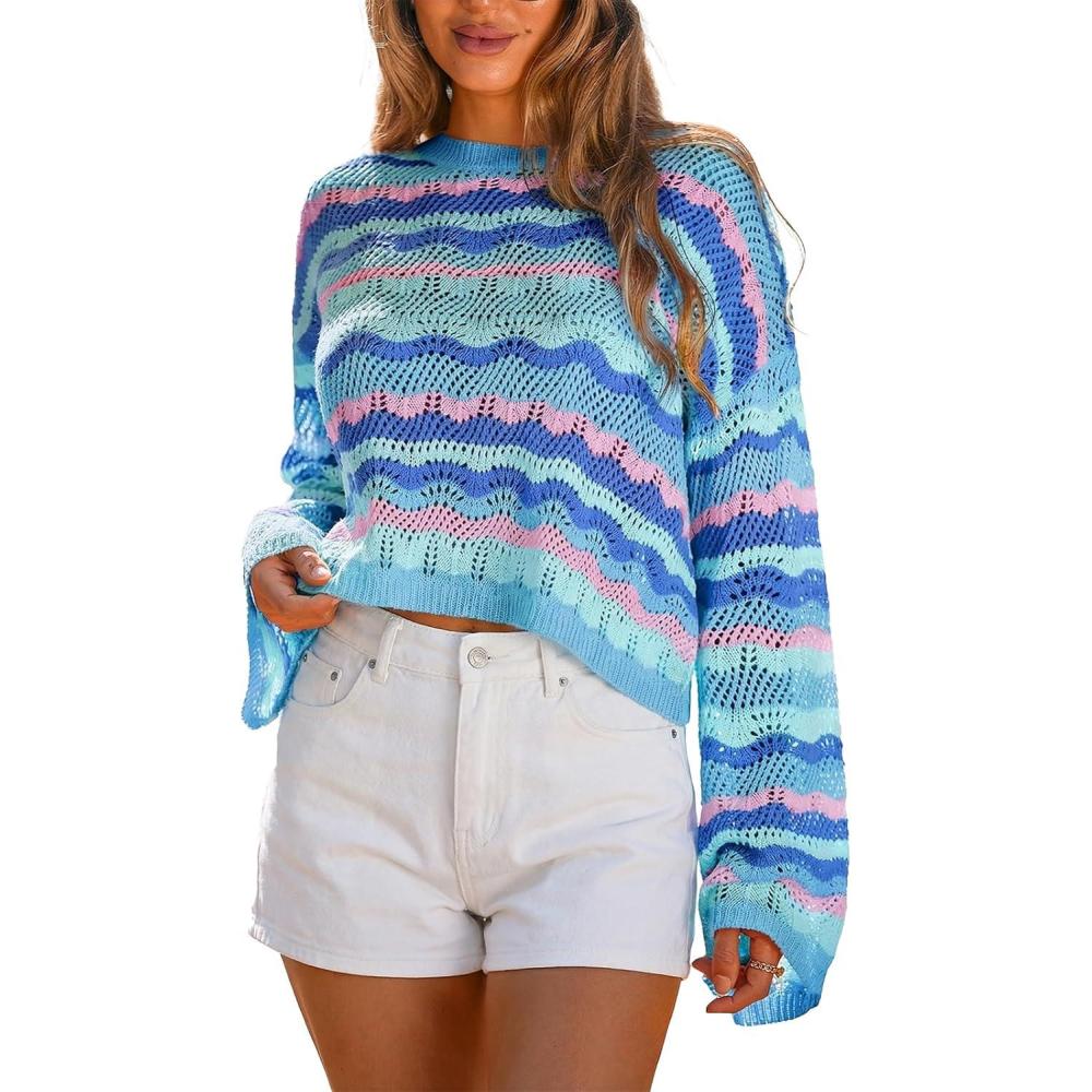 imageCUPSHE Crochet Swimsuit Coverup for Women Knit Striped Long Sleeve Beach Coverup TopsBlue Striped
