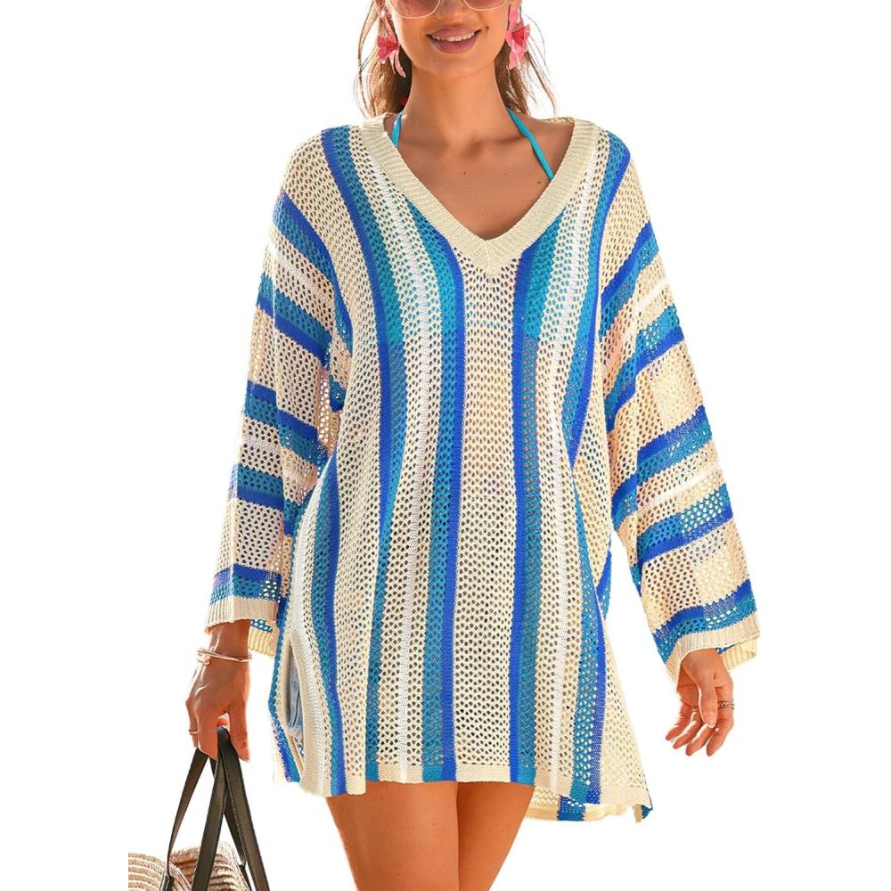 imageCUPSHE Crochet Swimsuit Coverup for Women V Neck Long Sleeve Striped Beach Cover Up DressesPeacock Blue