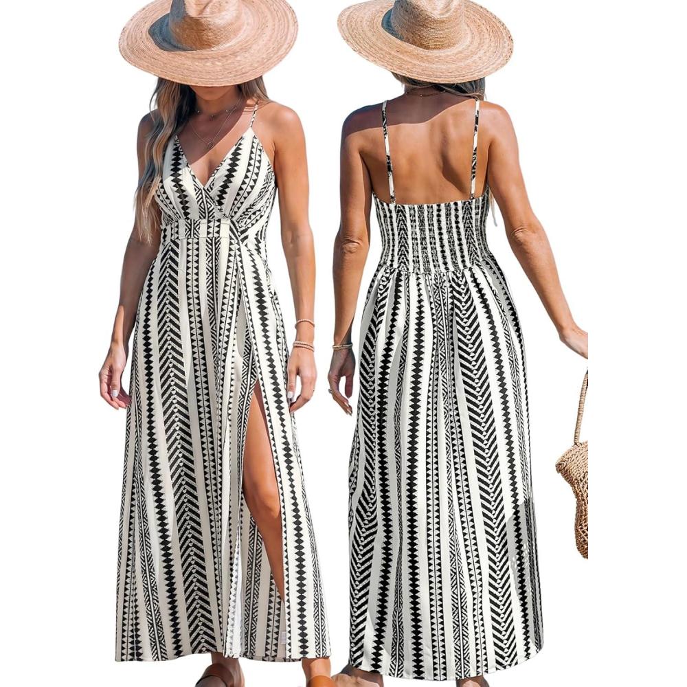 imageCUPSHE Women Halter Backless Summer Dresses Spaghetti Strap Side Slit Casual Beach Sundress Holiday Vacation Maxi DressBlack