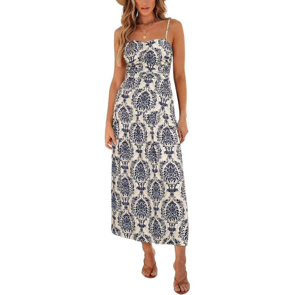 imageCUPSHE Womens Boho Summer Dresses Sleeveless Ruched Paisley Smocked Beach Vacation Sundress Spaghetti Straps Midi DressNavy Paisley