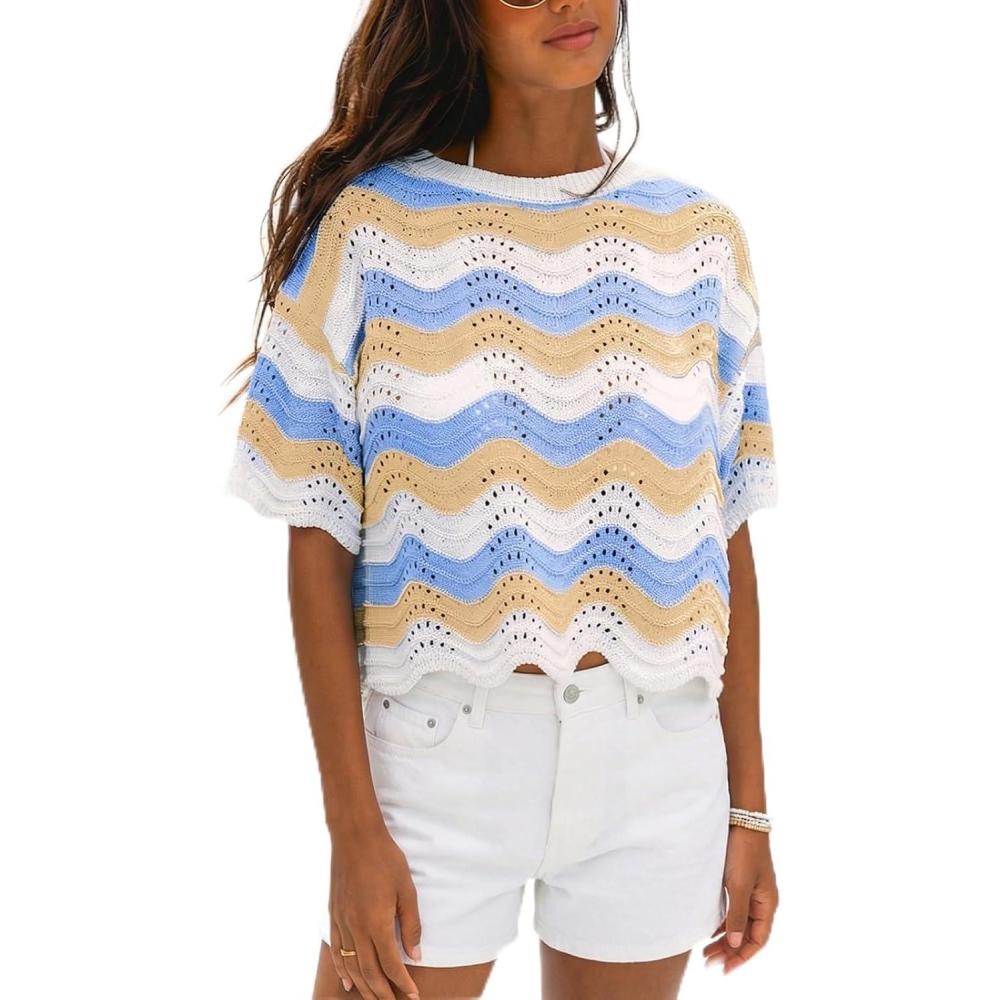 imageCUPSHE Womens Crochet Cover Up Top Striped Short Sleeve Beach Cover Up Top Summer Casual Tops for SwimwearBlueneutral Striped