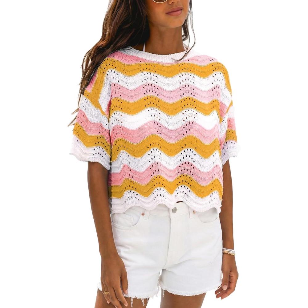 imageCUPSHE Womens Crochet Cover Up Top Striped Short Sleeve Beach Cover Up Top Summer Casual Tops for SwimwearPinkyellow Striped