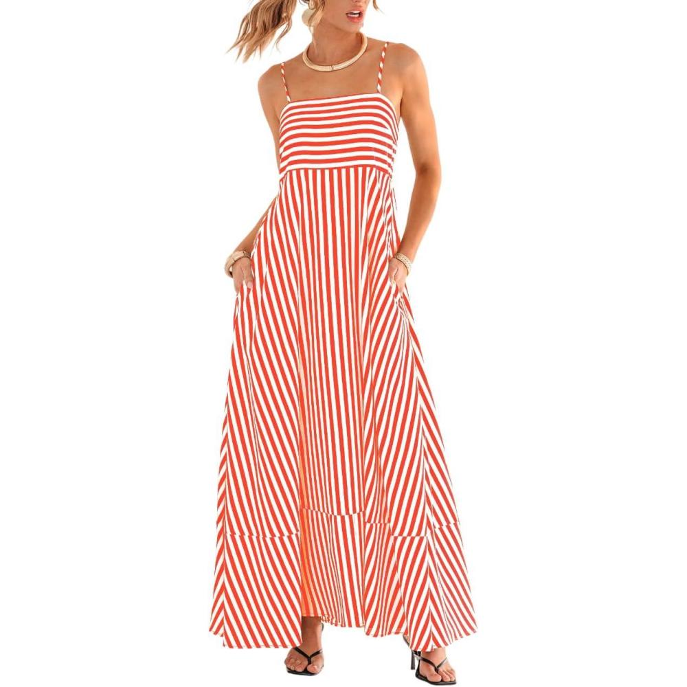 imageCUPSHE Womens Summer Maxi Dress Casual Sleeveless Square Neck Striped Beach Long Dress with PocketsCoral