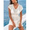 CUPSHE Crochet Swimsuit Coverup for Women Flutter Sleeve Mini Beach Cover Up Dress for Swimwear(Beige)