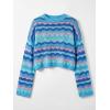 CUPSHE Crochet Swimsuit Coverup for Women Knit Striped Long Sleeve Beach Coverup Tops(Blue Striped)