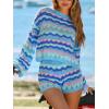 CUPSHE Crochet Swimsuit Coverup for Women Knit Striped Long Sleeve Beach Coverup Tops(Blue Striped)