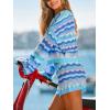 CUPSHE Crochet Swimsuit Coverup for Women Knit Striped Long Sleeve Beach Coverup Tops(Blue Striped)