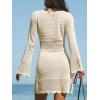 CUPSHE Crochet Swimsuit Coverup for Women Long Sleeve Scalloped V Neck Mini Beach Coverup Dresses(Beige)