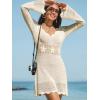 CUPSHE Crochet Swimsuit Coverup for Women Long Sleeve Scalloped V Neck Mini Beach Coverup Dresses(Beige)