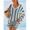 CUPSHE Crochet Swimsuit Coverup for Women V Neck Long Sleeve Striped Beach Cover Up Dresses(Peacock Blue)