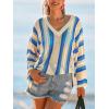 CUPSHE Crochet Swimsuit Coverup for Women V Neck Long Sleeve Striped Beach Cover Up Dresses(Peacock Blue)
