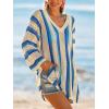 CUPSHE Crochet Swimsuit Coverup for Women V Neck Long Sleeve Striped Beach Cover Up Dresses(Peacock Blue)