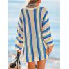 CUPSHE Crochet Swimsuit Coverup for Women V Neck Long Sleeve Striped Beach Cover Up Dresses(Peacock Blue)