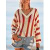 CUPSHE Crochet Swimsuit Coverup for Women V Neck Long Sleeve Striped Beach Cover Up Dresses(Red)