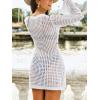 CUPSHE Women’s Crochet Beach Cover Up Long Sleeve 3D Floral Mini Swimsuit Coverup Dress for Swimwear(White)