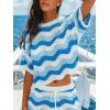 CUPSHE Women’s Crochet Cover Up Top Striped Short Sleeve Beach Cover Up Top Summer Casual Tops for Swimwear(Blue Striped)