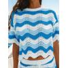 CUPSHE Women’s Crochet Cover Up Top Striped Short Sleeve Beach Cover Up Top Summer Casual Tops for Swimwear(Blue Striped)