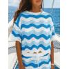 CUPSHE Women’s Crochet Cover Up Top Striped Short Sleeve Beach Cover Up Top Summer Casual Tops for Swimwear(Blue Striped)