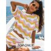 CUPSHE Women’s Crochet Cover Up Top Striped Short Sleeve Beach Cover Up Top Summer Casual Tops for Swimwear(Pink-yellow Striped)